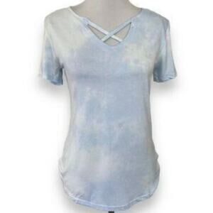 Derek Heart Women's V-Neck Cross-Front Tie-Dye Top Sz SMALL Light Blues NWT